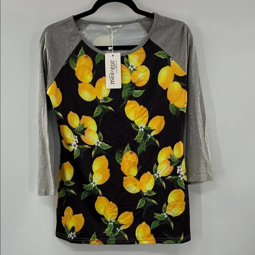 3for$20 Meaneor Women's Lemon Print Long Sleeve Top - Black and Gray size: